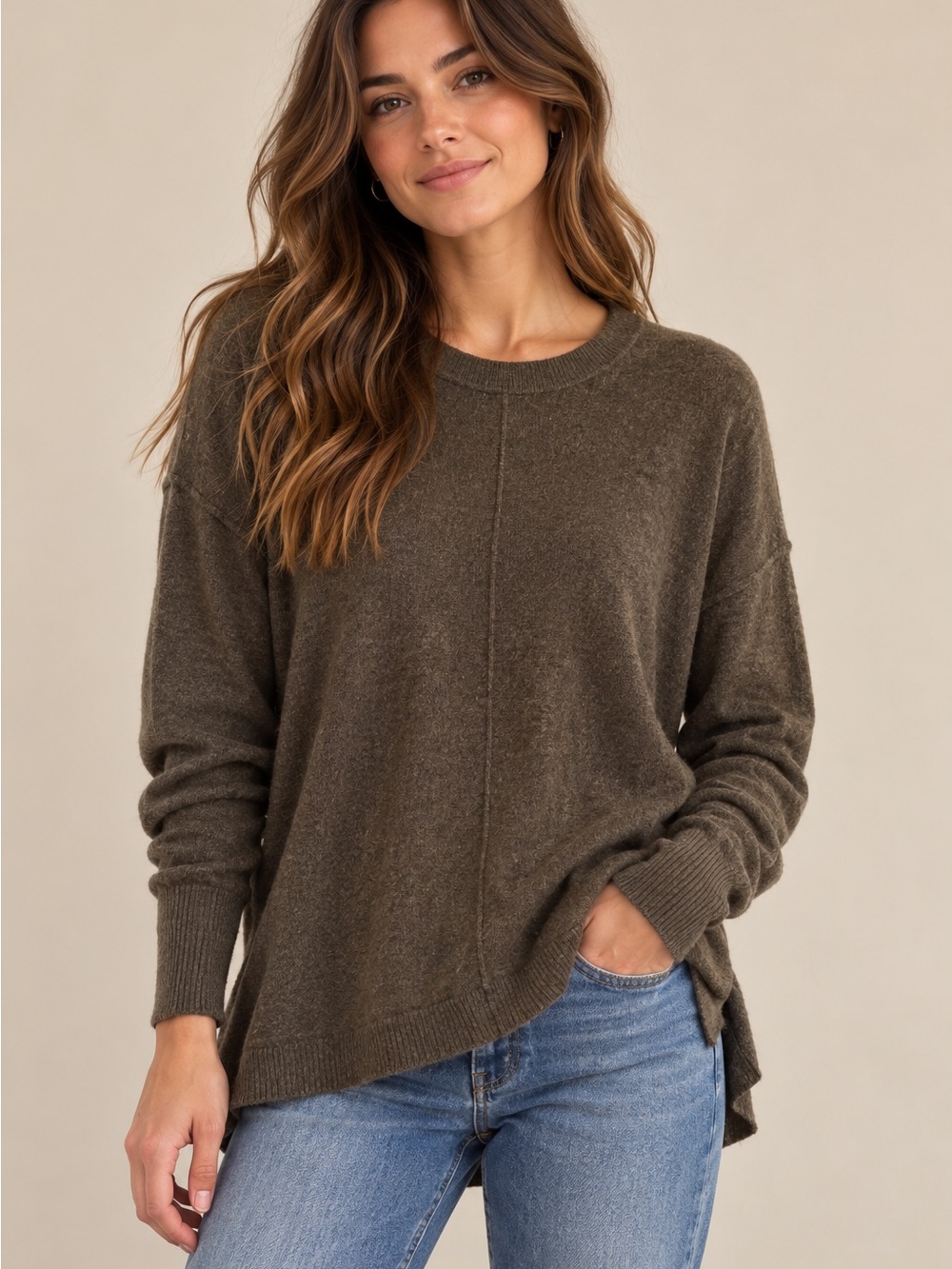 Catherine Malandrino Olive 100% Cashmere Crewneck Sweater | Size Small